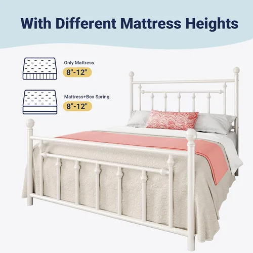 Miniatura 8 de Allewie Armazón de Cama de Plataforma de Metal de 14 Pulgadas Tamaño Queen con Cabecera y Pie de Cama Vintage Victoriano/Base de Blanco