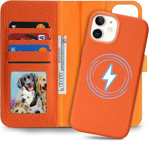 Miniatura 21 de Funda desmontable de piel auténtica para iPhone 13/14, funda magnética 2 en 1 extraíble, soporte de carga MagSafe, función de soporte para tarjetas