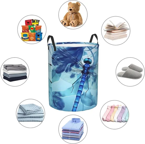 Miniatura 6 de Cesta circular con estampado de libélula azul artística impermeable, cesta organizadora de almacenamiento con asas para ropa, juguetes, pequeña