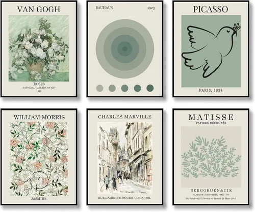 HoozGee Arte de pared con diseño de maestro verde salvia, arte abstracto de Matisse, pósteres de exposición, arte vintage, bohemio, decoración de