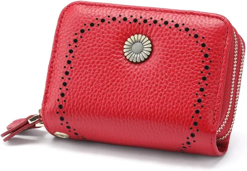 GOIACII Cartera con tarjetero RFID para mujer, pequeña cartera de piel auténtica con 2 cremalleras