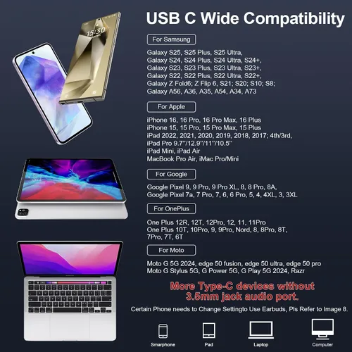 Miniatura 7 de Auriculares con cable USB C para Samsung Galaxy S26 Ultra/S25 FE/S24/S23/S22/S21/A17/A56/A36, auriculares con cable para iPhone 17/16/15 Pro/Pro