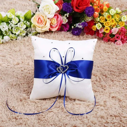 Miniatura 7 de Tyenaza Almohada portadora de anillo, almohada de anillo de boda de 7.8 pulgadas, soporte para anillo azul real, cojín de doble corazón