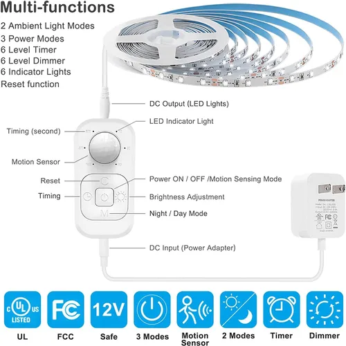 Miniatura 4 de Luces con sensor de movimiento para debajo del gabinete: tira de luces LED enchufables para interiores con adaptador aprobado por UL FCC, atenuador