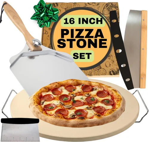 Miniatura 10 de Piedra de pizza grande para horno de 16 pulgadas, piedra redonda para pizza para parrilla con asas, juego de pala y cortador de pizza de madera