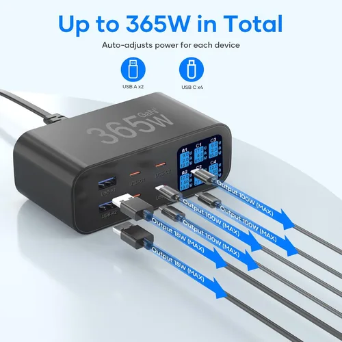 Miniatura 7 de Cargador USB C de 6 puertos con pantalla LED de brillo ajustable, estación de carga USB, cargador rápido multipuerto PD 100 W 65 W QC 3.0 compatible