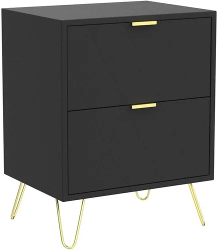 Miniatura 4 de Anbuy Juego de 2 mesitas de noche color negro con asa dorada, mesa de noche con 2 cajones, juego de 2 mesitas de noche con patas doradas
