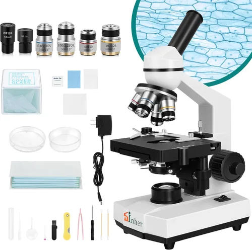 Sinher Microscopios monoculares compuestos de ciencia profesional XSP-104 40X-1600X para adultos estudiantes niños 8-12, con diapositivas de