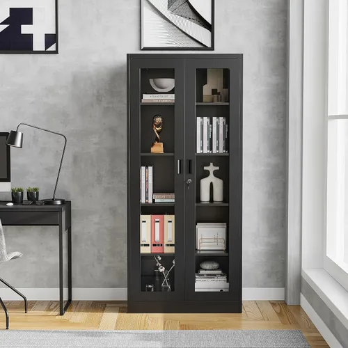 Miniatura 7 de Vitrina con puertas de cristal, vitrina para coleccionables, gabinete de exhibición Curio con 4 estantes ajustables, gabinete de exhibición de Negro