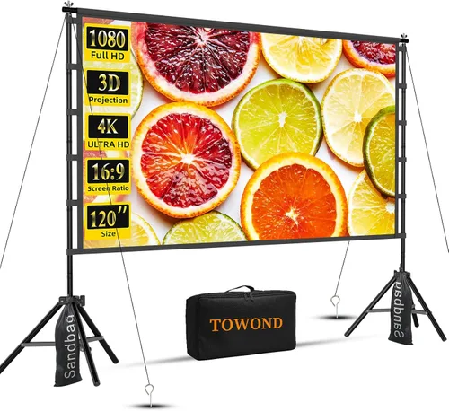 TOWOND - Pantalla de proyector para exteriores con soporte, pantalla de cine portátil de 120 pulgadas, pantalla de proyección plegable HD 16:9 con