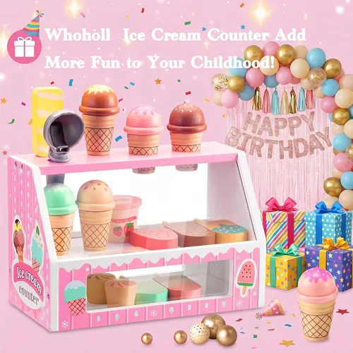 Miniatura 6 de WHOHOLL Juego de mostrador de helados de madera para niñas pequeñas, tienda de juegos, juguete de simulación, accesorios de cocina de juguete