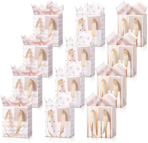 Miniatura 19 de Tenare 12 bolsas de regalo pequeñas, mini bolsa de papel metálica a granel con asa de papel de seda para envoltura de regalo, día del padre, Blanco