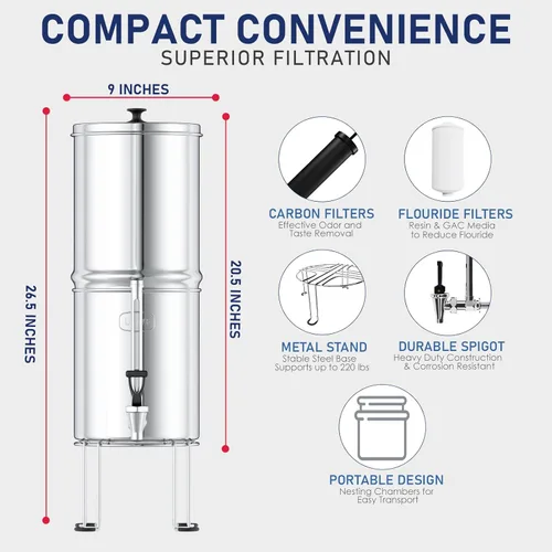 Miniatura 3 de Sistema de filtro de agua alimentado por gravedad USWF, 2.25 galones de acero inoxidable, con 2 filtros de carbón, 2 filtros de flúor, portátil