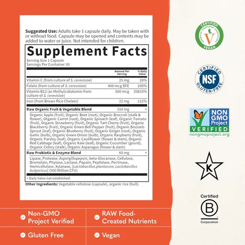 Miniatura 3 de Suplemento de hierro crudo Garden of Life Vitamin Code Raw - 30 cápsulas veganas, hierro de 22 mg una vez al día, vitaminas C, B12, ácido fólico