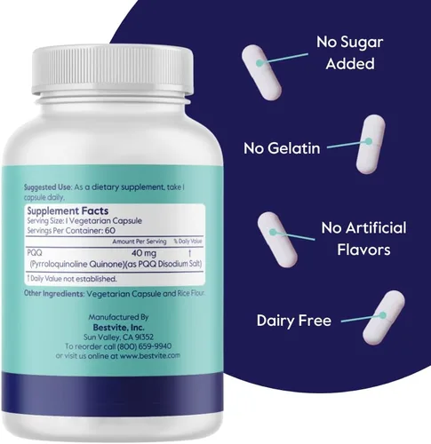 Miniatura 3 de BESTVITE PQQ 40mg (Pirroloquinolina Quinona) (60 cápsulas vegetarianas) - Sin estearatos - Vegano - Sin OMG - Sin gluten