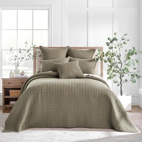 Levtex Home Mills Waffle - Juego de colcha acolchada tamaño matrimonial, algodón de punto gofre, color gris pardo, colcha de 100 x 104 pulgadas,