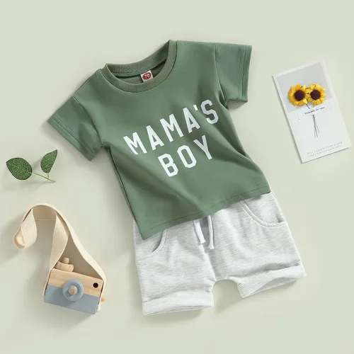 Miniatura 97 de Conjunto de traje de verano para bebé niño pequeño, manga corta, cuello redondo, letras impresas, lindo traje de verano, conjunto de 2 piezas