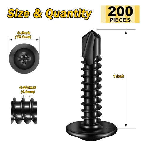 Miniatura 2 de Mywish 200 tornillos autorroscantes negros #10 × 1 pulgada para metal, 410 tornillos de metal negro de óxido de tornillo de acero inoxidable