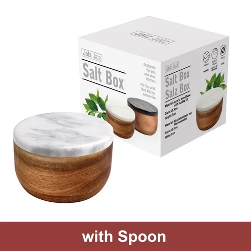 Miniatura 2 de jalz jalz Caja de Sal de Madera Grande Salero con Cuchara Contenedor de Sal de Especias Soporte de Sal Base de Acacia Natural Sólida Tapa de Mármol