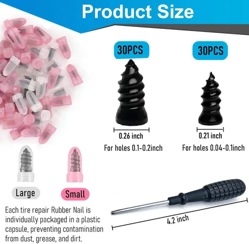 Miniatura 2 de Juego de 60 uñas de goma para reparación de neumáticos, kit de uñas de goma para reparación de neumáticos con pegamento para neumáticos, tornillos