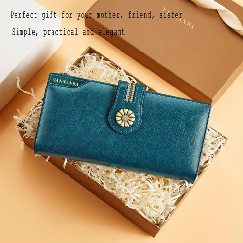 Miniatura 4 de VANNANBA Cartera larga y grande para mujer, de piel encerada con aceite RFID, cartera organizada, Azul eléctrico