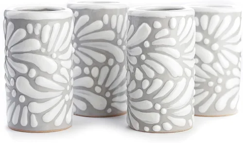 Miniatura 32 de Juego de 4 vasos de chupito Talavera auténticos mexicanos para tequila - Pintados a mano - 2 Oz (Flores naranjas)