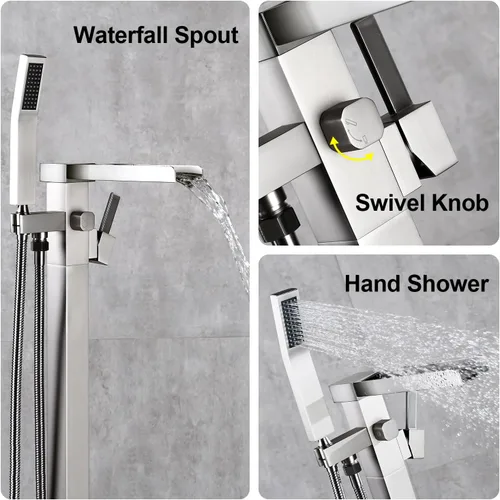 Miniatura 4 de BAGNOLUX Grifo de bañera de latón macizo para montaje en el suelo, grifo de bañera independiente, relleno de bañera independiente, boquilla Brushed