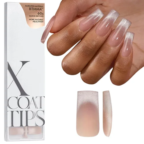 Miniatura 14 de BTArtboxnails XCOATTIPS uñas postizas con punta francesa - Uñas postizas largas cuadradas con base de purpurina rosa, 90 piezas de puntas de uñas