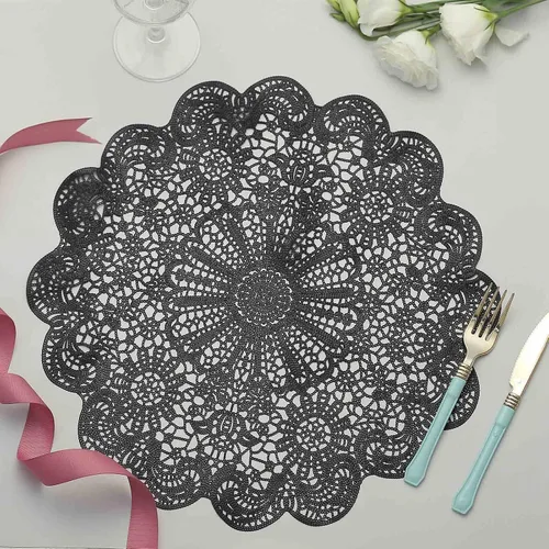 Miniatura 11 de Efavormart - Juego de 6 manteles individuales de vinilo floral negro de 15 pulgadas, antideslizantes, redondos, con corte de flores, metálicos