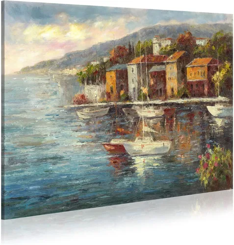 Miniatura 9 de Pintura de Italia lienzo al óleo arte de la pared: arte mediterráneo de paisaje urbano italiano, imagen de mar italiano, decoración moderna