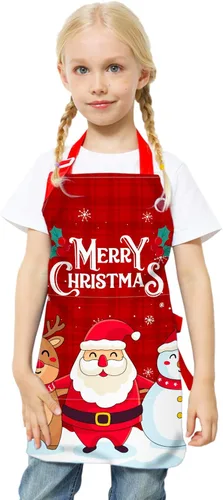 Miniatura 2 de Delantal para niños y niñas, delantal de cocina ajustable con bolsillo para cocinar, hornear, arte, pintura, jardinería Feliz Navidad