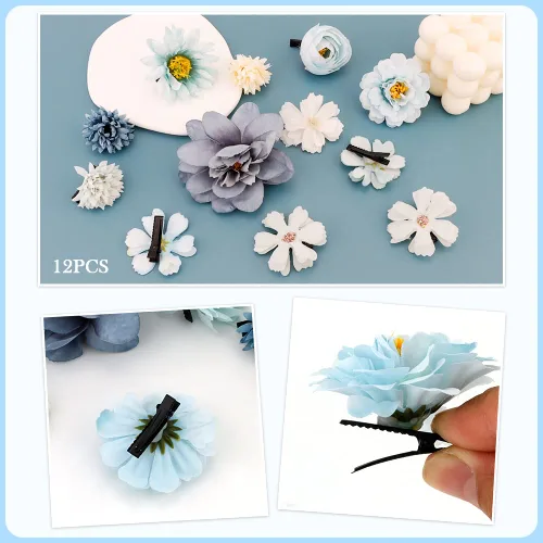 Miniatura 5 de Ahoney 12 pinzas para el cabello con flores bohemias para mujeres y niñas, múltiples flores artificiales hawaianas de gasa, accesorios para el Azul