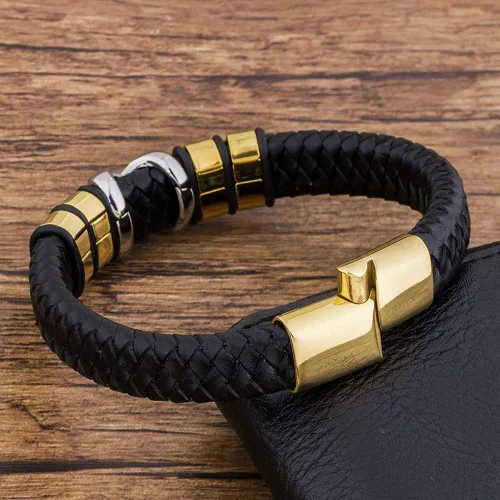 Miniatura 4 de TTNDstore 10081 - Pulsera de cuero genuino para hombre color dorado trenzado accesorios