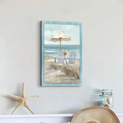 Miniatura 5 de Arte de pared enmarcado costero abstracto, imagen de silla de playa, pintura moderna del océano, impresiones de paisaje marino relajante, decoración
