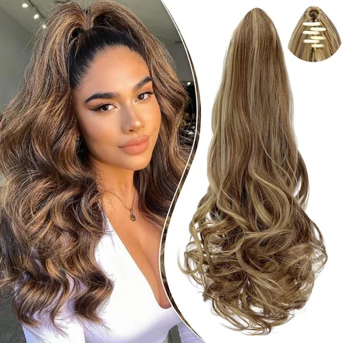 Extensión de cola de caballo de 18 pulgadas, rizado, ondulado, con clip, extensiones de cabello largo sintético para mujer, color marrón claro,