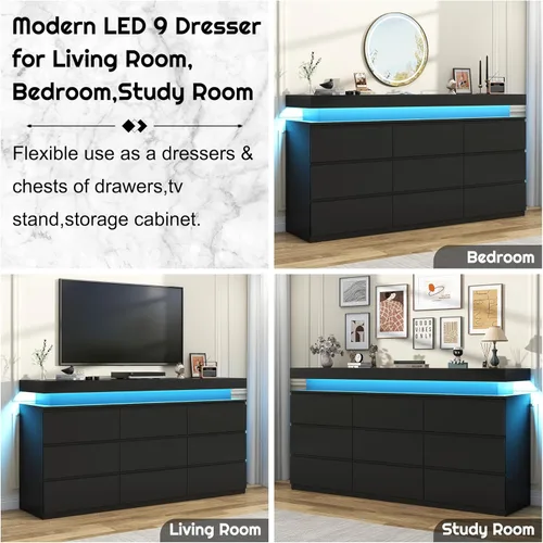 Miniatura 5 de chartustriable Cómoda de 9 cajones con luz LED, cómoda moderna para armario, gabinete organizador de cajones de 63 pulgadas de ancho