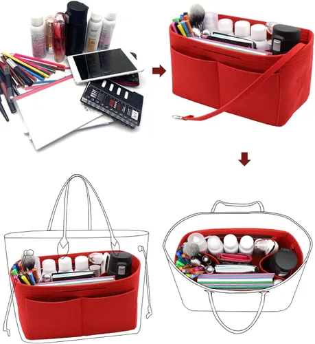 Miniatura 5 de Organizador de fieltro para bolso, bolsillo con cremallera y dos soportes extraíbles para botellas, Beige, rojo, negro, gris, café, rosa iluminado