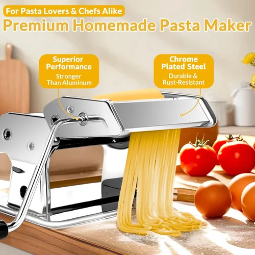 Miniatura 2 de Máquina para hacer pasta con rodillo de 7 ajustes de grosor, cortador 2 en 1, manivela y abrazadera de mesa, máquina manual de pasta de acero