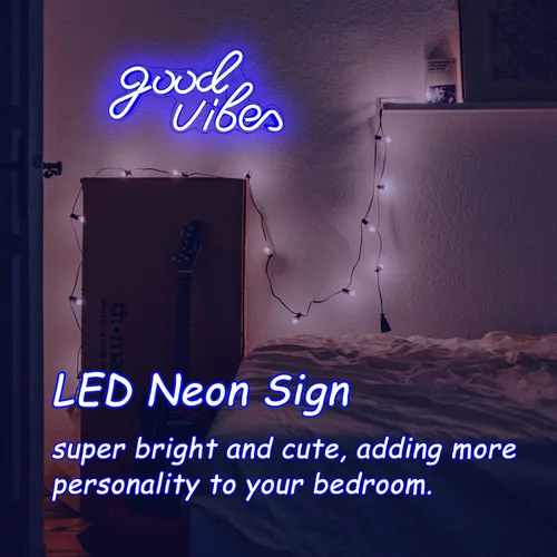 Miniatura 5 de Good Vibes - Letrero de neón LED para decoración de pared, luces de neón azules para dormitorio y fiesta, luz de neón brillante alimentada por USB