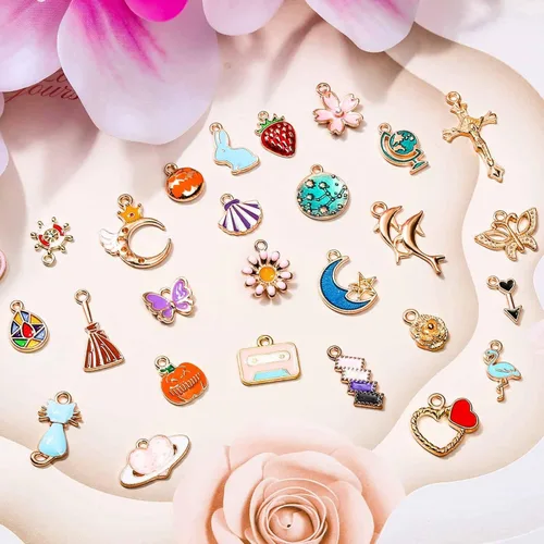 Miniatura 3 de 400 dijes para la fabricación de joyas, varios dijes de pulsera esmaltada, dijes de metal mixto a granel para hacer joyas Multicolor