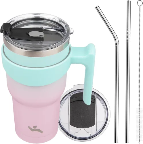 Miniatura 57 de Konokyo - Vaso de 10 onzas con asa y 2 popotes, 2 tapas, botella de agua aislada de acero inoxidable, taza de viaje reutilizable, color verde militar