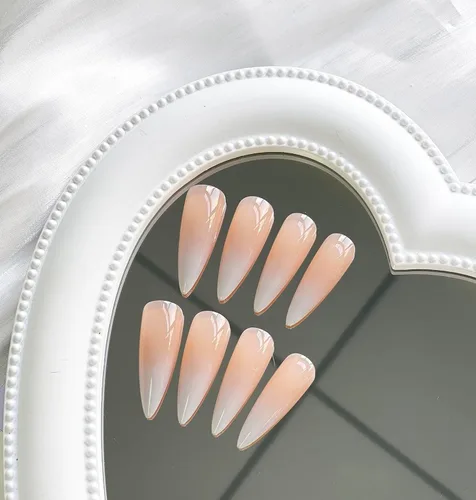 Miniatura 3 de Uñas postizas largas a presión estilo stiletto, uñas postizas francesas degradadas blancas, uñas postizas brillantes de cobertura completa