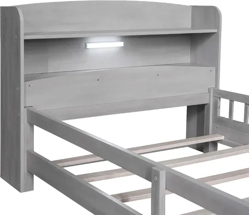 Miniatura 7 de VilroCaz Moderna cabecera de almacenamiento de cama de tamaño individual y barandilla de seguridad para niños, base de cama de plataforma de madera