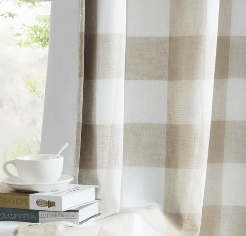 Miniatura 19 de Cortinas cortas de lino texturizado con diseño de búfalo blanco y negro a cuadros, 100% opacas con forro, paneles de estilo granja