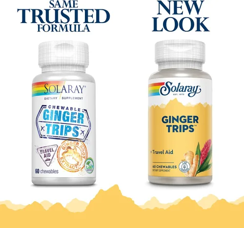 Miniatura 2 de SOLARAY Ginger Trips Travel Aid Extracto de raíz Apoyo digestivo saludable con miel, stevia y melaza 60 masticables