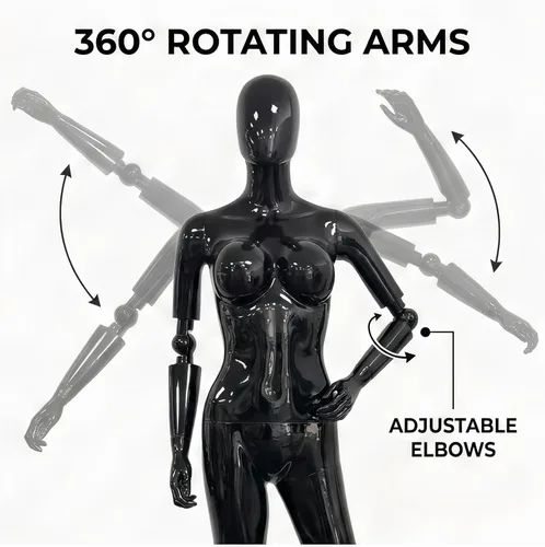 Miniatura 5 de Maniquí femenino negro brillante de 70 pulgadas con brazos ajustables, forma de vestido de cuerpo completo con base de metal para exhibición