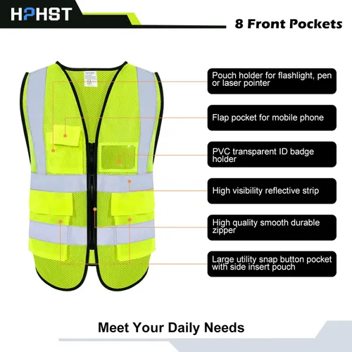 Miniatura 4 de 5 Pockets High Visibility Reflective Safety Vest,Zipper Front, Meets ANSI/ISEA Standards Malla amarilla