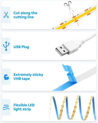 Miniatura 4 de Aclorol COB - Tira de luces LED para TV de 5 V, alimentada por USB, luz blanca cálida, 6.56 pies, 320 LED/M COB, tira de luz flexible para TV
