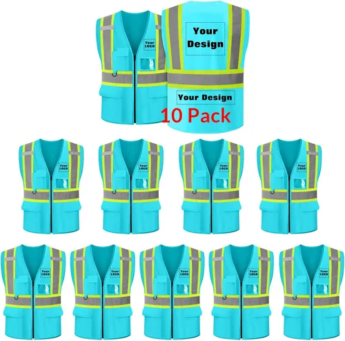 Miniatura 34 de Chaleco de seguridad personalizable con logotipo con 5 bolsillos y cremallera reflectante de alta visibilidad clase 2 ropa de trabajo al aire libre