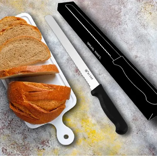 Miniatura 7 de Cuchillo de pan dentado con funda de 10 pulgadas, acero inoxidable mejorado negro, cortador de pan ancho con borde ondulado afilado, para rebanar
